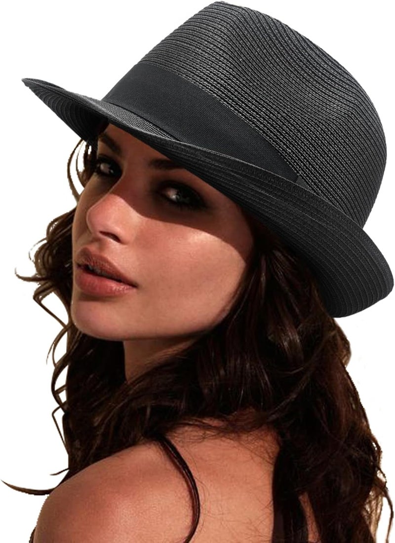 DRESHOW Women Straw Panama Hat Travel Fedora Beach Sun Hat Summer Wide Brim Straw Roll up Hat UPF 50+ - Image 1